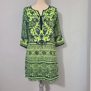 Gretchen Scott Green and Blue Floral Print Split Neck 3/4 Sleeve‎ Dress Small
